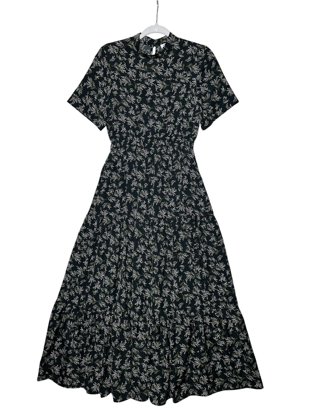 Indie & Co Black Floral Short-Sleeve Multi Tiered Maxi Dress Size M